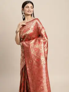 Hinayat Fashion Red Ethnic Motifs Zari Silk Blend Banarasi Saree