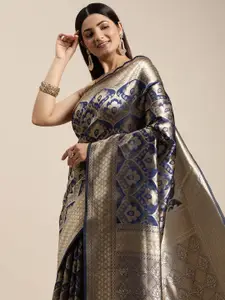 Hinayat Fashion Navy Blue Ethnic Motifs Zari Silk Blend Banarasi Saree