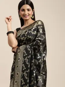 Hinayat Fashion Black & Golden Ethnic Motifs Zari Silk Blend Saree