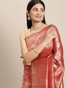 Hinayat Fashion Red Ethnic Motifs Zari Silk Blend Banarasi Saree