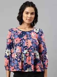 Marks & Spencer Women Blue & Pink Pure Cotton Floral Print Top