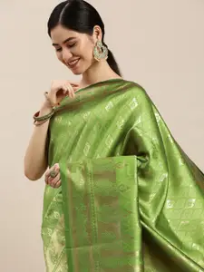 Hinayat Fashion Green Ethnic Motifs Zari Silk Blend Banarasi Saree