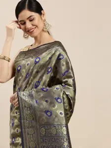 Hinayat Fashion Navy Blue Ethnic Motifs Zari Silk Blend Banarasi Saree