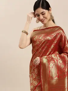 Hinayat Fashion Red Ethnic Motifs Zari Silk Blend Banarasi Saree
