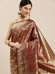 Hinayat Fashion Maroon Ethnic Motifs Zari Silk Blend Banarasi Saree
