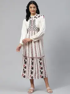 Marks & Spencer Off White & Black Floral Embroidered A-Line Midi Dress