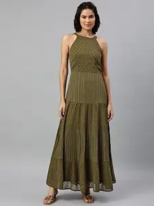 Marks & Spencer Olive Green & Gold-Toned A-Line Maxi Dress