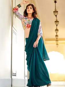 Shaily Teal & White Embellished Beads and Stones Pure Chiffon Saree