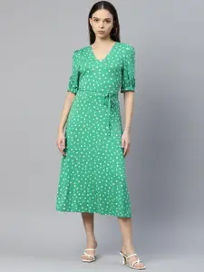 Marks & Spencer Polka Dots Print A-Line Midi Dress with a Belt