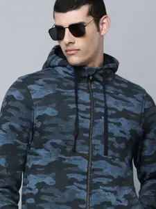 Skechers Men Navy Blue Camouflage Print Skech-Sweats Lounge Sher Hooded Sweatshirt