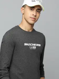 Skechers Men Charcoal Brand Logo Printed Pure Cotton T-shirt