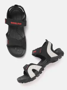 Woodland Men Black & Grey Brand Logo Velcro Sports Sandals