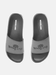 Woodland Men Grey & Black Brand Logo Print Sliders