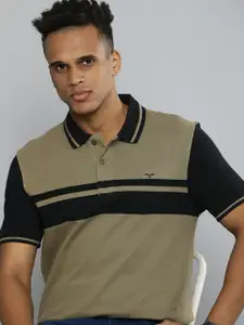 Flying Machine Men Green & Black Striped Polo Collar Pure Cotton Slim Fit T-shirt