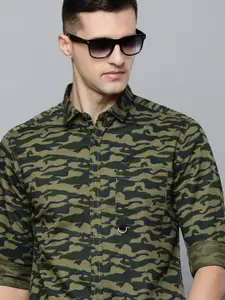 Flying Machine Men Olive Green Slim Fit Printed Pure Cotton Casual Shirt