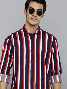 Flying Machine Men Navy Blue And Red Slim Fit Striped Pure Cotton Casual Shirt