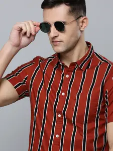 Flying Machine Men Rust Slim Fit Striped Pure Cotton Casual Shirt