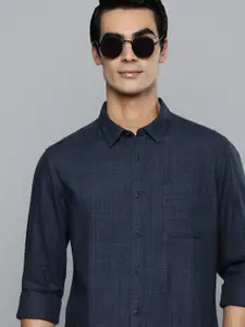 Flying Machine Men Navy Blue Regular Fit Solid Opaque Casual Shirt with Chest Pocket