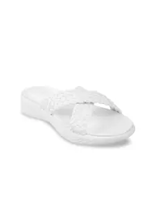 Mochi Women White Open Textured  Toe Flats