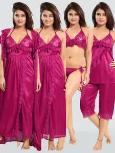 Romaisa Women Magenta Maxi Satin Solid Nightwear Set