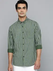 Flying Machine Men Olive Green Slim Fit Vertical Stripes Opaque Pure Cotton Casual Shirt