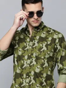 Flying Machine Men Olive Green Camouflaged Printed Pure Cotton Slim Fit Casual Shirt