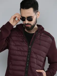 Flying Machine Men Burgundy Solid Hooded Puffer Jacket