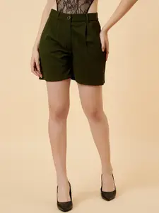 enzeo Women Olive Green High-Rise Shorts