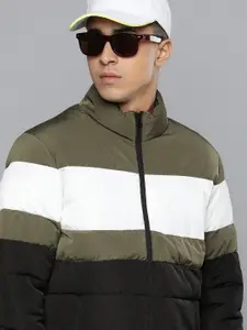 Flying Machine Men Olive Green & White Colourblocked Puffer Jacket