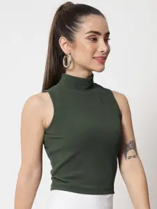 Orchid Hues Women Olive Green Solid High Neck Crop Top
