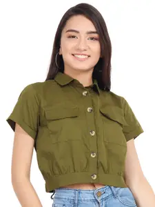 D 'VESH Women Green Standard Regular Fit Solid Crop Casual Shirt