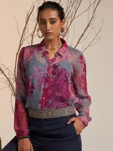 Ritu Kumar Women Blue & Purple Slim Fit Floral Printed Sheer Casual Shirt