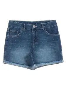 Lil Lollipop Girls Blue Washed Printed Outdoor Denim Shorts