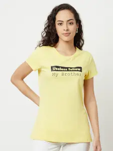 EDRIO Women Yellow Typography Printed Pure Cotton T-shirt