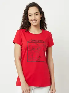 EDRIO Women Red Printed Pure Cotton T-shirt