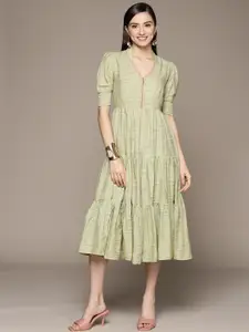 Ritu Kumar Green Woven Design Tiered A-Line Maxi Dress