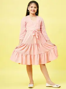 Stylo Bug Peach-Coloured Self Design Tiered Dress