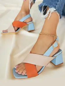 Shoetopia Blue & Orange Colourblocked Block Sandals