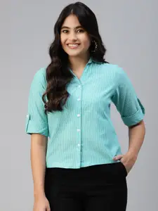 Ayaany Women Turquoise Blue Striped Casual Shirt