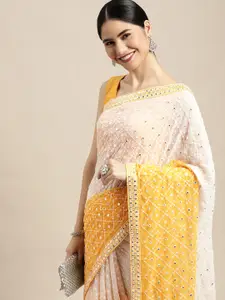 VASTRANAND Yellow & White Embellished Sequinned Saree