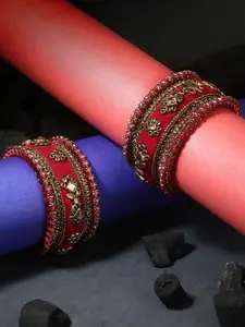 Adwitiya Collection Pack Of 10 Red Velvet Silk Thread Chuda Bangle Set