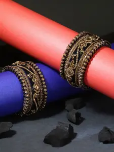 Adwitiya Collection Set of 10 Gold-Plated Navy Blue Stone-Studded Chuda Bangle Set