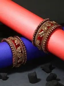 Adwitiya Collection Women Maroon & gold Set of 10  Velvet Silk Thread Chuda Bangle Set