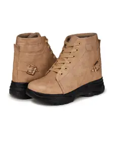 BOOTCO Women Beige Solid High-Top Flat Boots