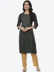 Rangriti Women Green Geometric Mirror Work Kurta