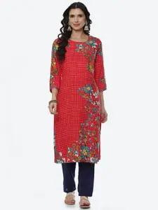 Rangriti Women Red Floral Printed Thread Work Kurta