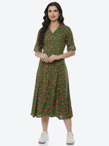 Rangriti Green & Pink Floral A-Line Midi Dress