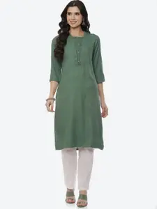 Rangriti Women Regular Sleeve Green Thread Work Kurta