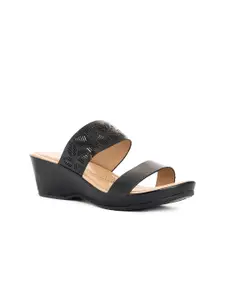 Khadims Black Wedge Sandals with Laser Cuts