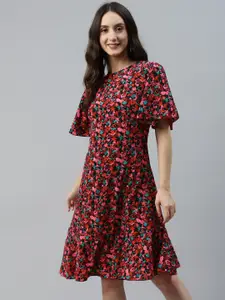 plusS Black & Red Floral Print A-Line Dress